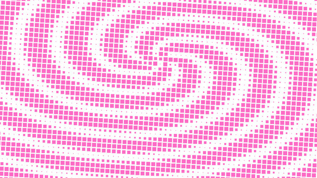 Bright pink spiral pattern made of small squares creating a hypnotic optical illusion graphic design