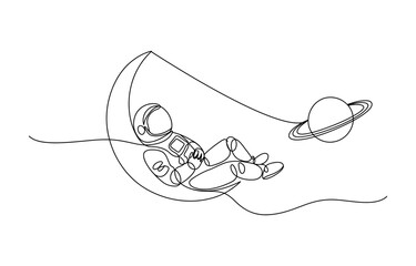 Continuous single line drawing of an astronaut sitting on a crescent moon looking at planet saturn in outer space © RM Vector