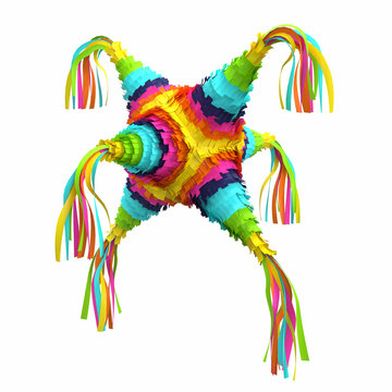 Traditional multi colored Mexican party pinata on a white background