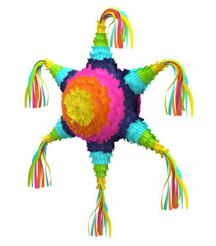 Traditional multi colored Mexican party pinata on a white background