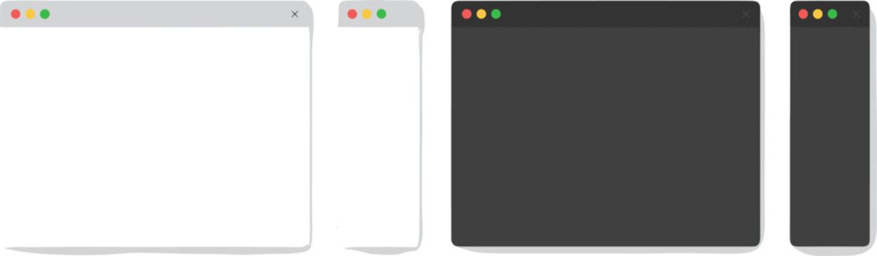 Set of four minimalist computer window frames in light and dark modes, featuring clean ui design elements for web and software interface mockups