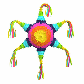 Traditional multi colored Mexican party pinata on a white background