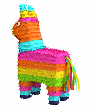 Traditional multi colored Mexican party pinata on a white background