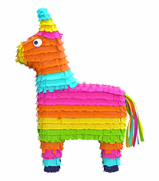 Traditional multi colored Mexican party pinata on a white background