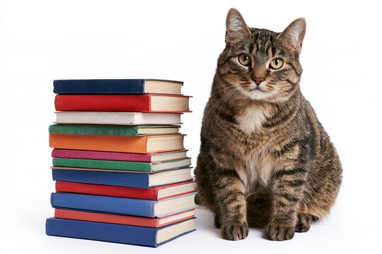 Beautiful Tabby Cat Sitting Full Body Next to High Stack of Colorful Books on White Background Smart Pet Back to School Education Concept