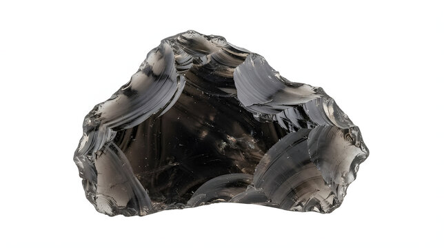 Raw black obsidian volcanic glass rock isolated on white background.