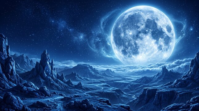 Glowing giant full moon hanging brightly over a rugged alien mountain landscape