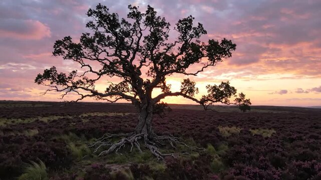 Solitary ancient oak tree silhouetted against a vibrant sunset sky in a heather field