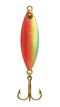A fishing lure, shaped like a spoon with a vibrant orange and yellow gradient, attached to a treble hook. The lure reflects light, suggesting a metallic finish and designed to attract fish