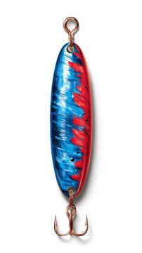 A shiny blue and red fishing lure with a treble hook and eyelet, ready for catching fish