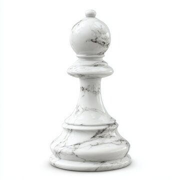 A solitary white marble bishop chess piece stands against a plain background, its polished surface reflecting light. The distinct shape of the bishop, with its rounded head and flared base.
