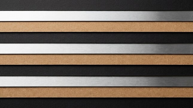 Horizontal stripes of brushed metal, brown cardboard, and black paper