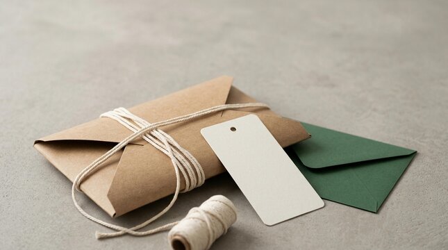 Kraft paper envelope wrapped in string with blank tag and green envelope