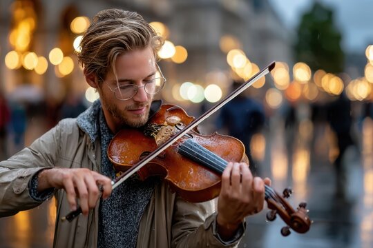 Musician plays violin on a rainy evening in a bustling city street