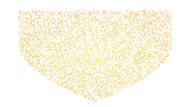 Dense cluster of many small golden circles creating a large shield shape on black canvas