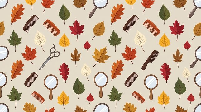 Seamless pattern of autumn leaves, hair combs, scissors, and hand mirrors