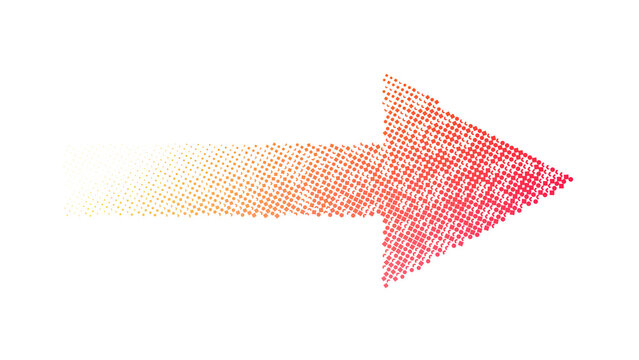 Dynamic orange and red gradient arrow pointing right made of many tiny square geometric particles