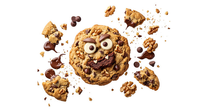 Funny monster chocolate chip cookie character illustration, cute dessert mascot with nuts and crumbs on white background, bakery design element