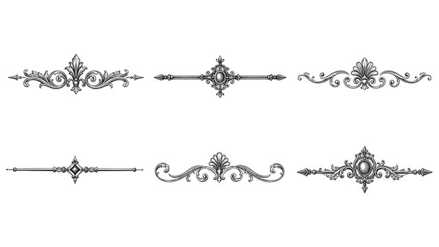 Six ornate vintage ornamental dividers and decorative flourishes in engraved black-and-white style