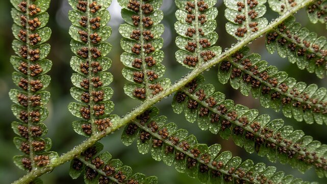 Close-Up Macro View of Fern Frond with Brown Spore Clusters