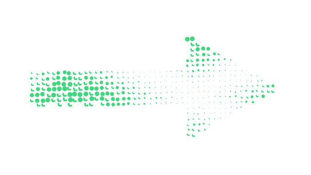 Minimalist green arrow symbol constructed from a collection of small circular halftone dot elements
