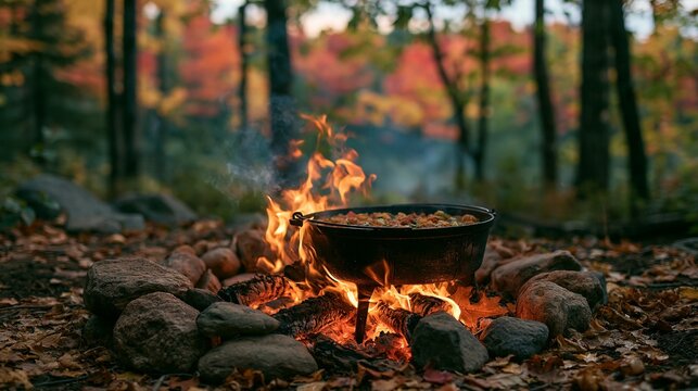 a serene forest during autumn. The main subject is a large, round, cast iron pot filled with food roasting over a campfire. The fire is bright orange and yellow.