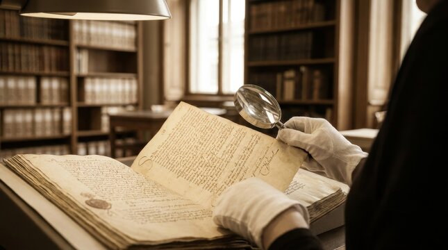 Archival Research: Historical documents and handwritten records being carefully examined by a researcher