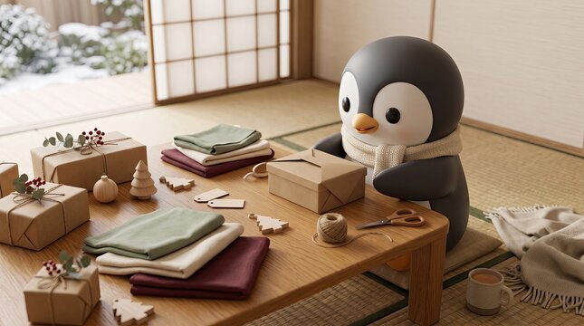 Cute cartoon penguin wrapping christmas gifts on a wooden table in a cozy japanesestyle room with snowy window view