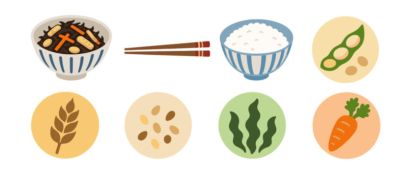 Food allergen icons with simmered vegetables rice and seaweed