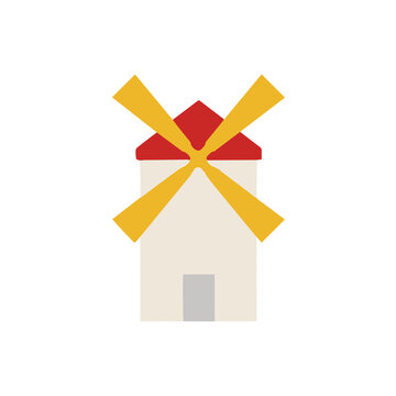 Flat design windmill with red roof and yellow blades