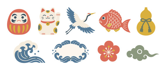 Obraz premium Japanese lucky charm icons with daruma cat crane and gourd