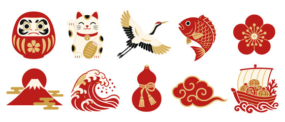 Obraz premium Japanese new year icons with daruma crane koi fish and treasure ship