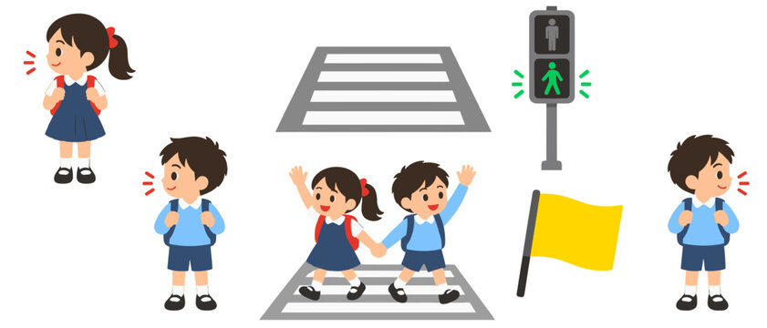 School crosswalk icons with girl children traffic light and flag