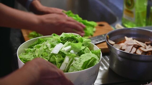 Fresh Chopped Taiwanese Bok Choy in a White Cooking Pot