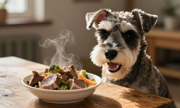 photograph satisfied schnauzer sitting beside filled bowl mixed meats steaming vegetables rustic wooden table