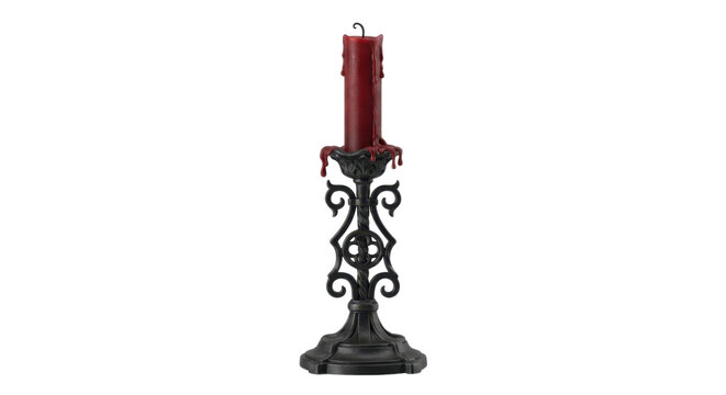 Dark wrought iron candlestick holder with melting red candle