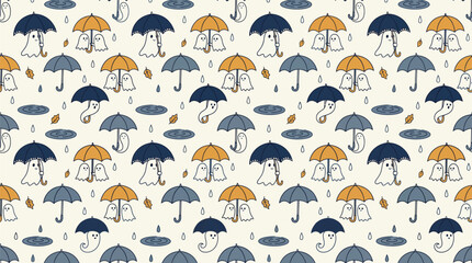 Fototapeta premium Seamless pattern of cute ghosts holding umbrellas in the rainy weather.