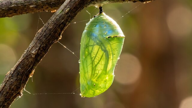 Translucent Green Butterfly Chrysalis Suspended from a Branch