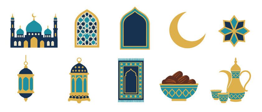 Ramadan icons with mosque lantern crescent moon and dates