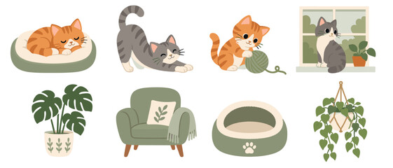 Fototapeta premium Cat lifestyle icons with sleeping stretching and window watching