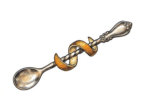Elegant barware with stirring spoon and citrus garnish, cocktail presentation concept