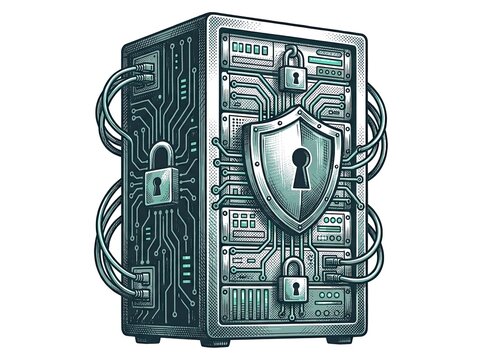 Encrypted server stack with shield and lock, cybersecurity concept