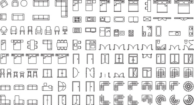 Architectural floor plan furniture symbols top view linear vector icons set for interior design layout and drafting