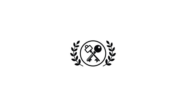 Crossed vintage keys logo emblem inside circle surrounded by laurel wreath on clean white background.