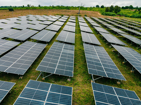 Aerial view of solar panels installed in a field in Ogun State, Nigeria.