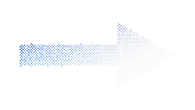 Abstract blue arrow composed of small geometric mosaic tiles pointing forward in digital style design