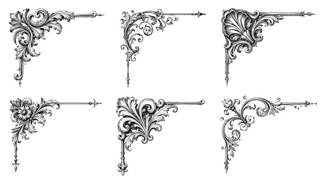 Six ornate vintage decorative corner flourishes in black-and-white line art