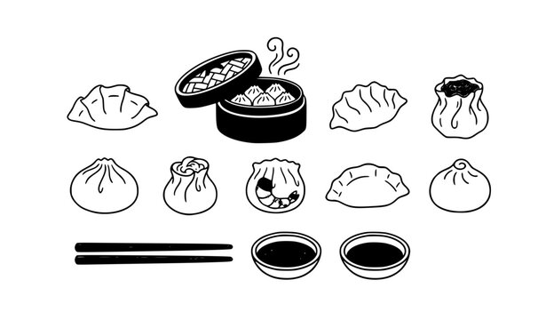 Cute hand drawn dim sum and dumpling vector icon set with steam basket illustrations