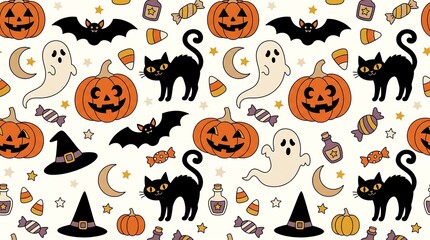 Obraz premium Cute Halloween seamless pattern with jack o lantern pumpkins, spooky black cat ghost and bat background, festive holiday vector wallpaper