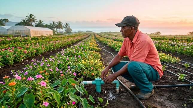 A grower checks saline flower beds at sunrise